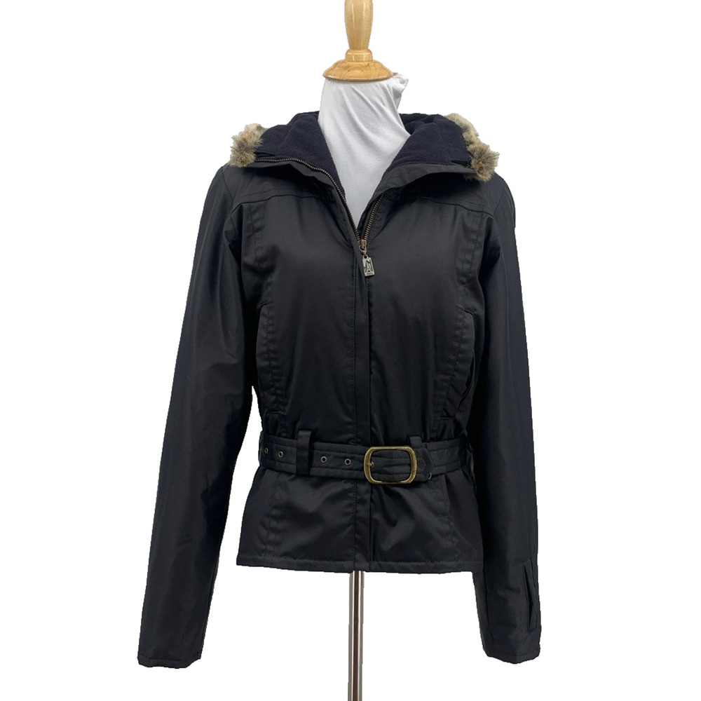 Vintage Skea Jacket Womens 8 Black Faux Fur Collar Full Zip Belted Ski Winter